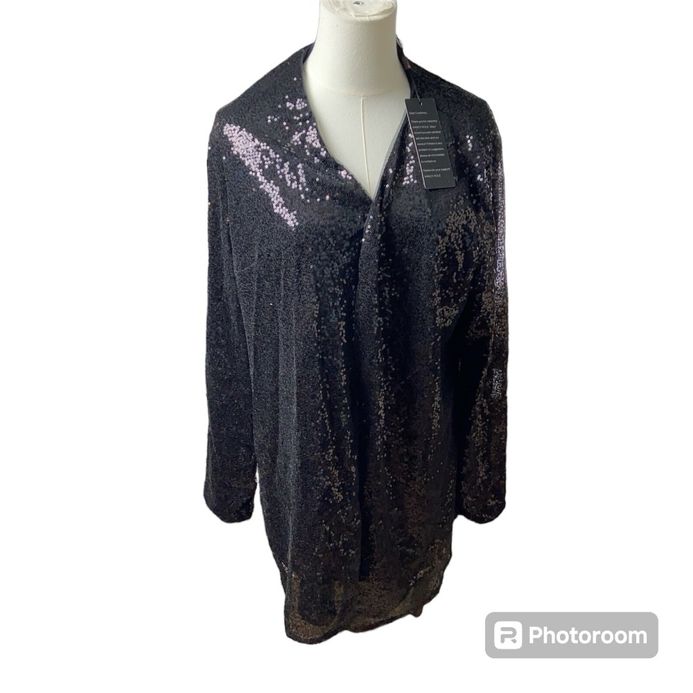 Kancy Kole Sequin Jacket 2XL Black Sparkle Women Plus Size Open Front Blazer